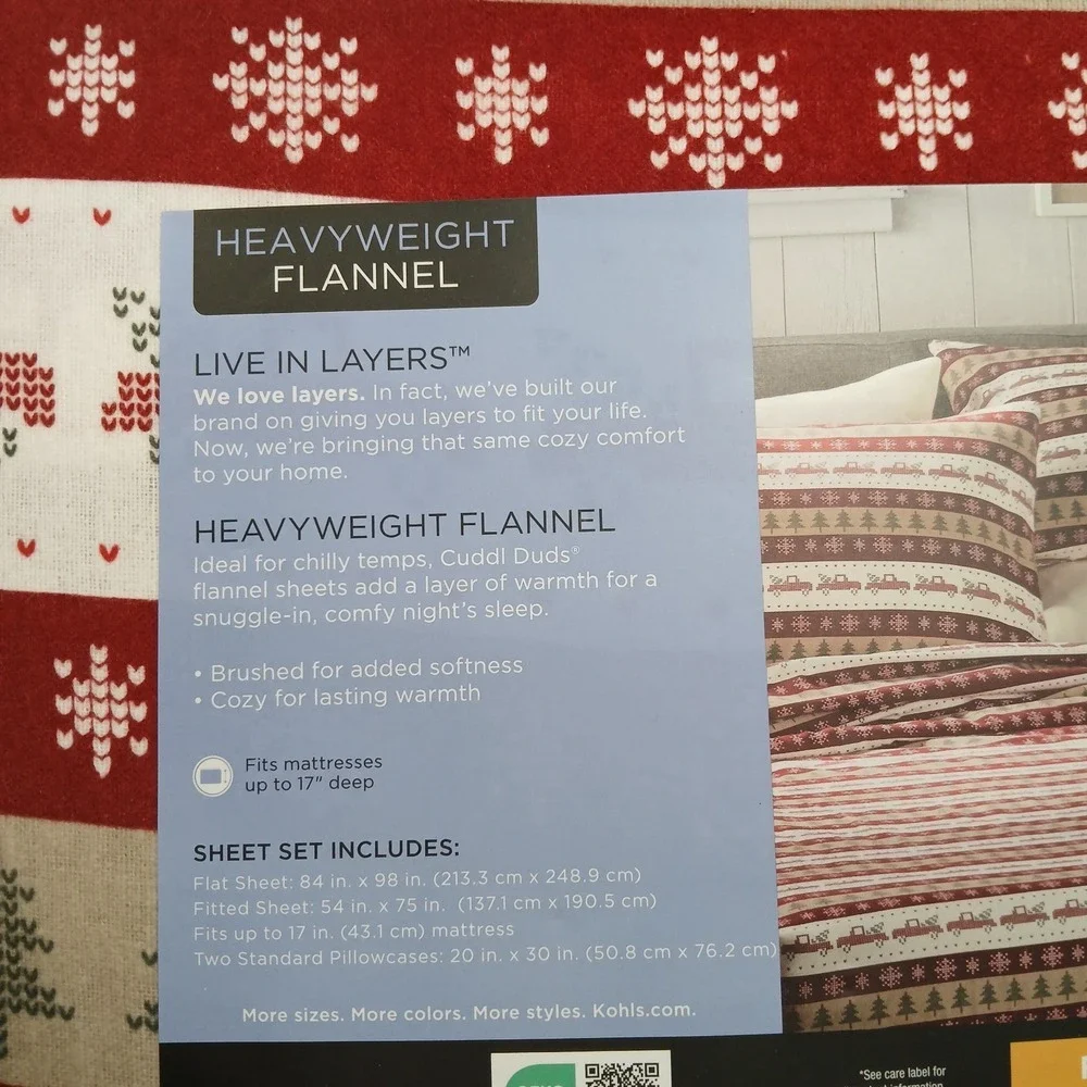Flannel Sheet Set, Full, Cuddl Duds Heavyweight Cotton Truck Fairisle Warm Cozy